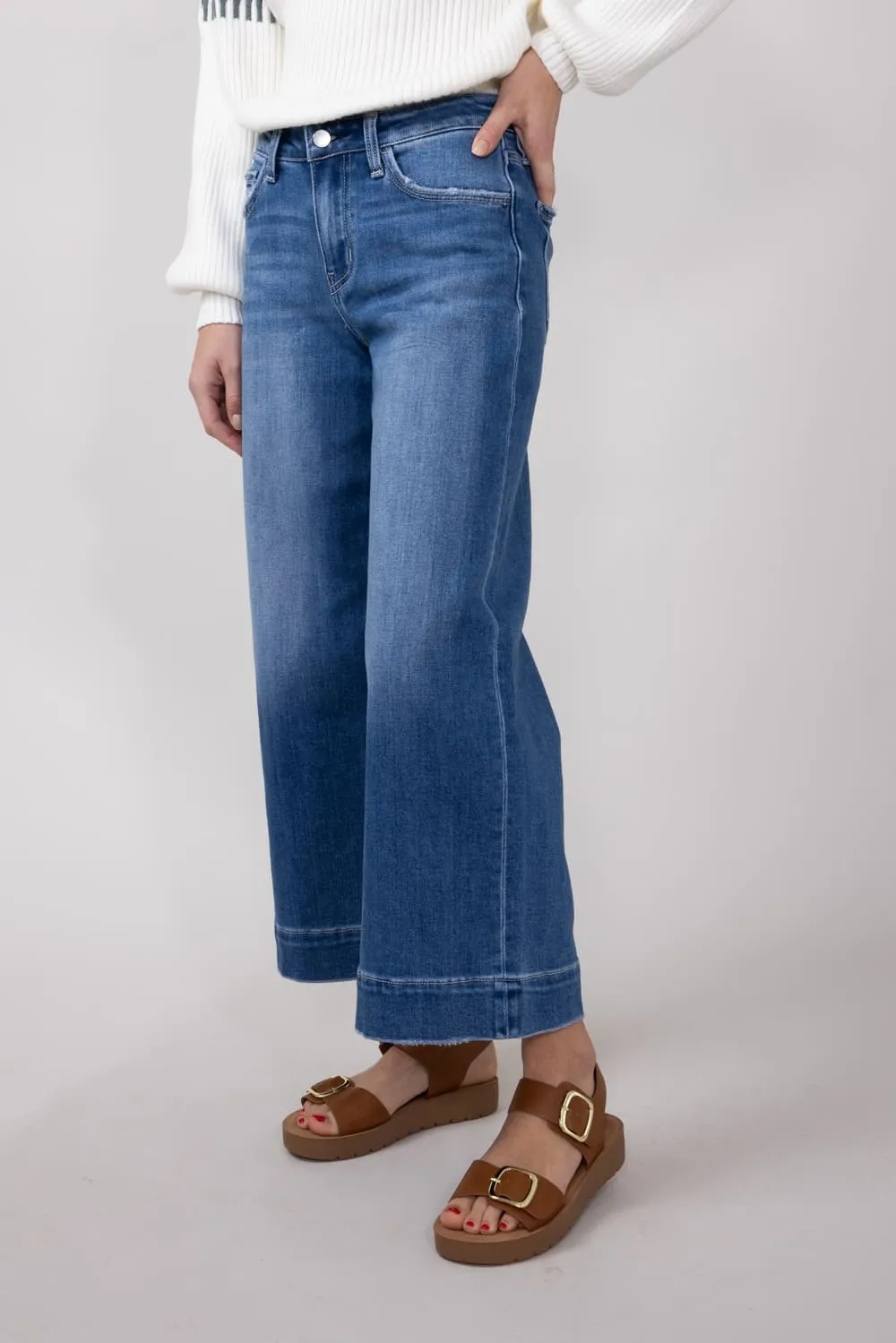 Flying Monkey High-Rise Dark Wash Cropped Wide Leg Trousers for Women | F6034