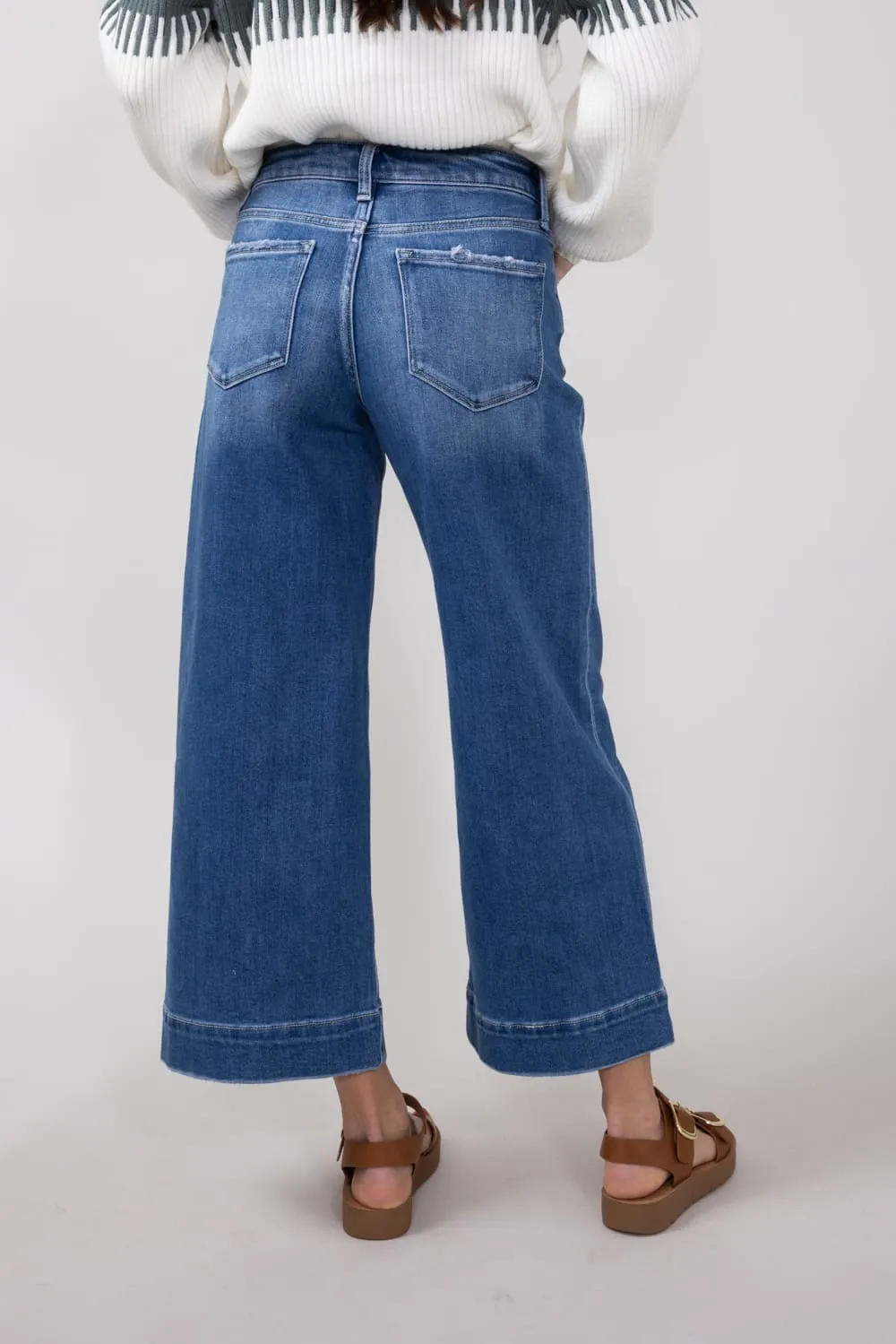 Flying Monkey High-Rise Dark Wash Cropped Wide Leg Trousers for Women | F6034