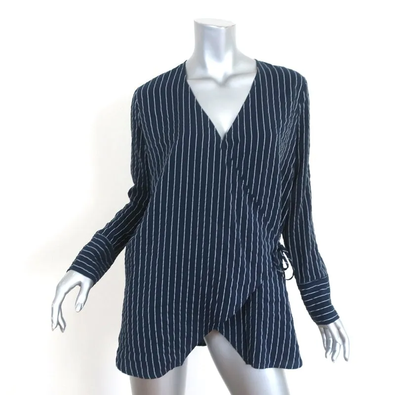 Ganni Wrap Top Lynch Navy Pinstripe Seersucker Size 36 Long Sleeve Blouse