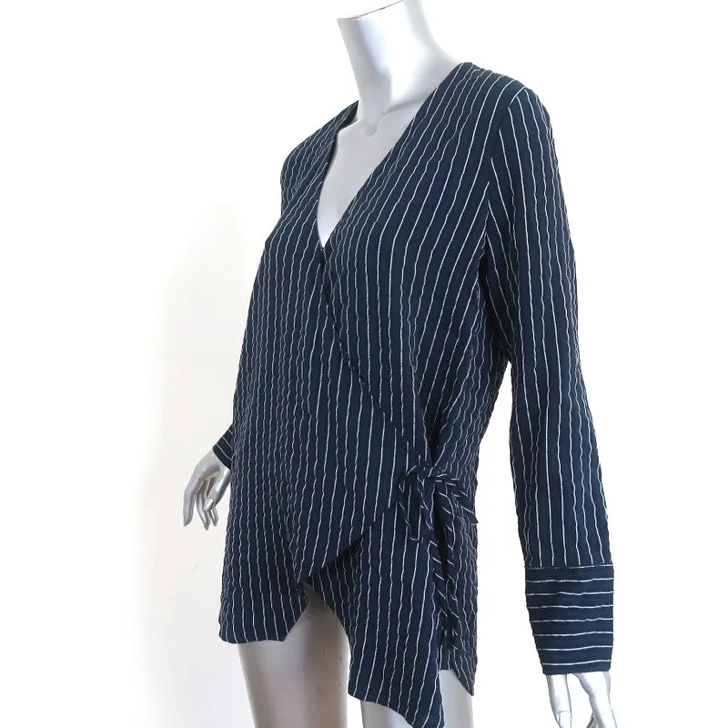 Ganni Wrap Top Lynch Navy Pinstripe Seersucker Size 36 Long Sleeve Blouse