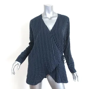 Ganni Wrap Top Lynch Navy Pinstripe Seersucker Size 36 Long Sleeve Blouse