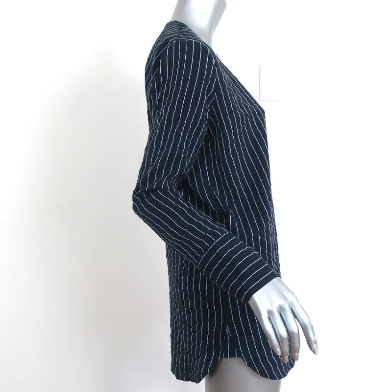 Ganni Wrap Top Lynch Navy Pinstripe Seersucker Size 36 Long Sleeve Blouse