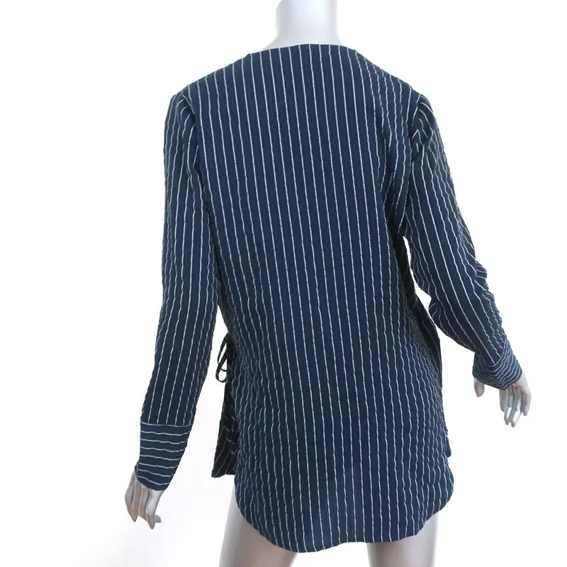 Ganni Wrap Top Lynch Navy Pinstripe Seersucker Size 36 Long Sleeve Blouse