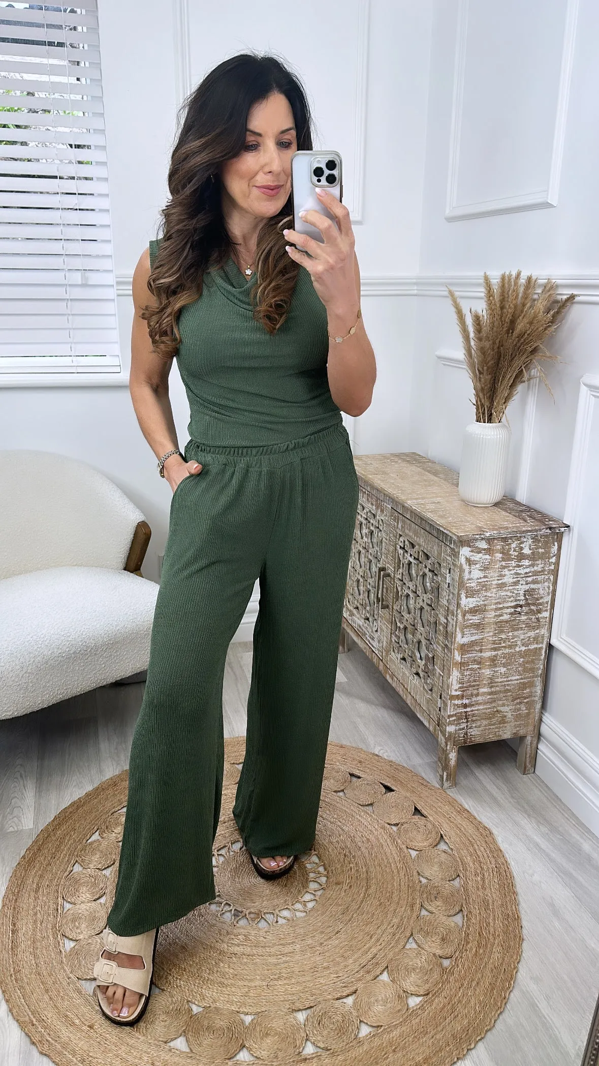 Georgia Khaki Ribbed Palazzo Trousers