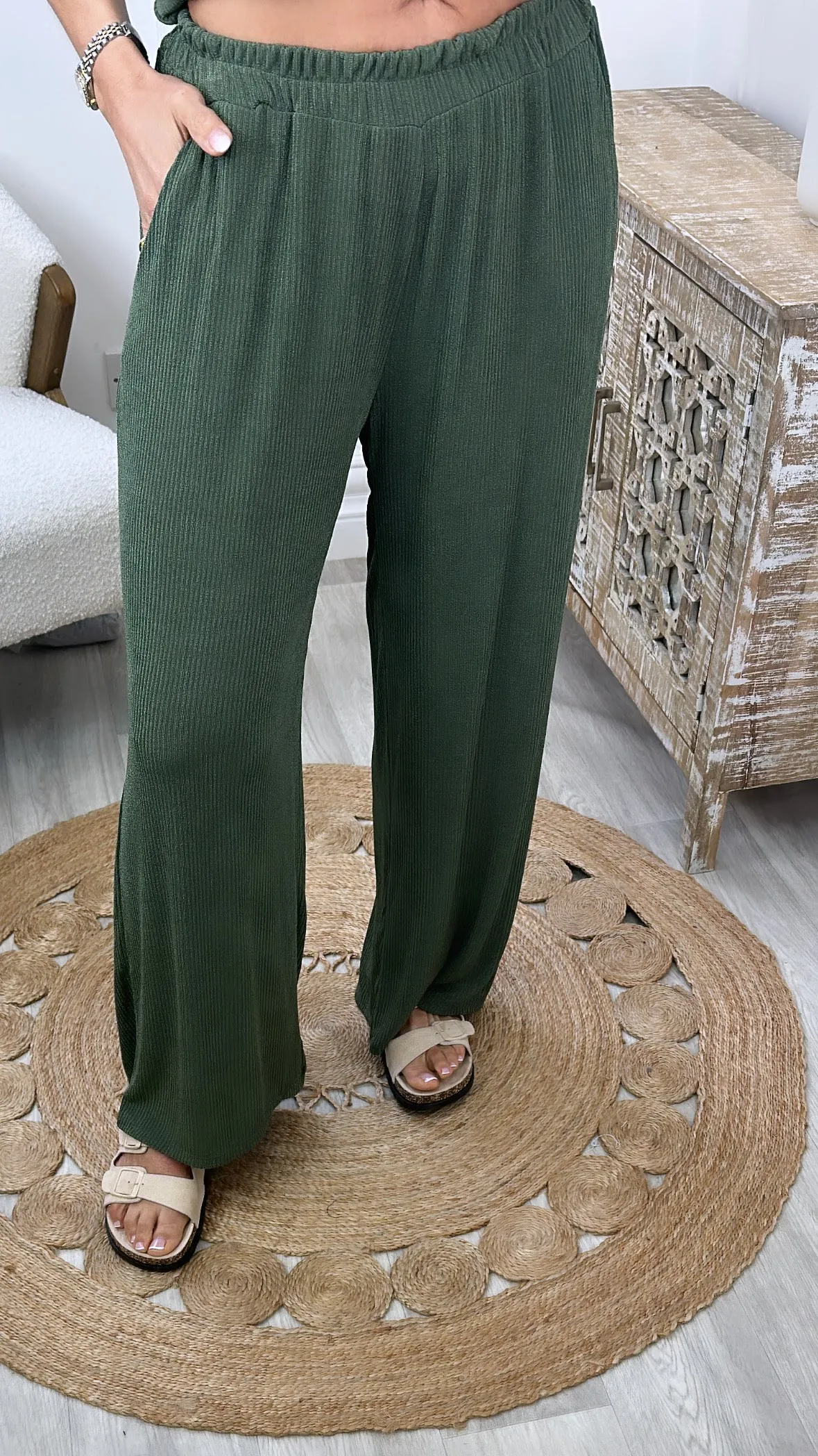 Georgia Khaki Ribbed Palazzo Trousers