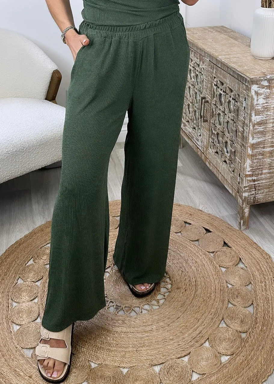 Georgia Khaki Ribbed Palazzo Trousers