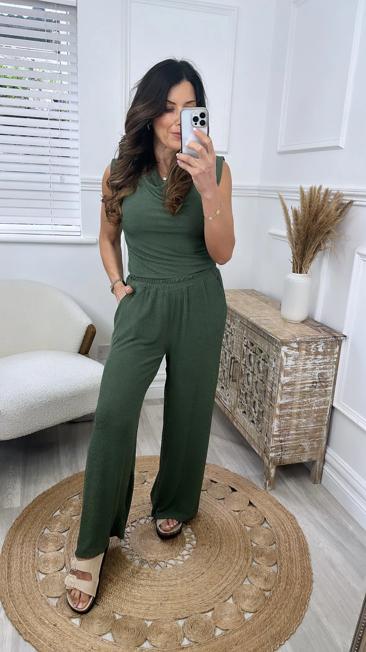 Georgia Khaki Ribbed Palazzo Trousers