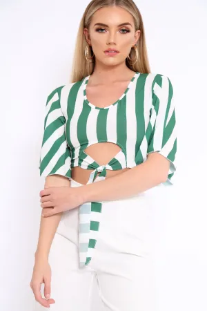 Green Striped Cut Out Tie Front Crop Top - Evelia
