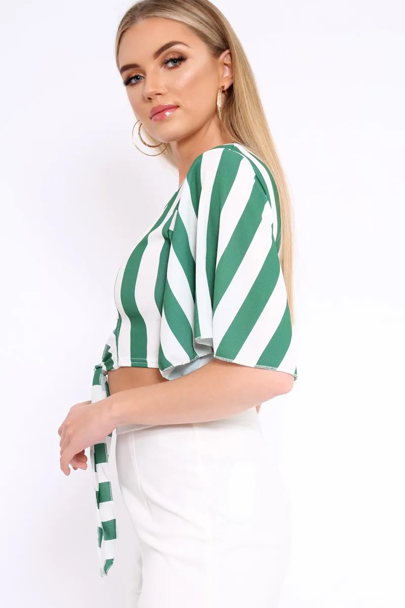 Green Striped Cut Out Tie Front Crop Top - Evelia