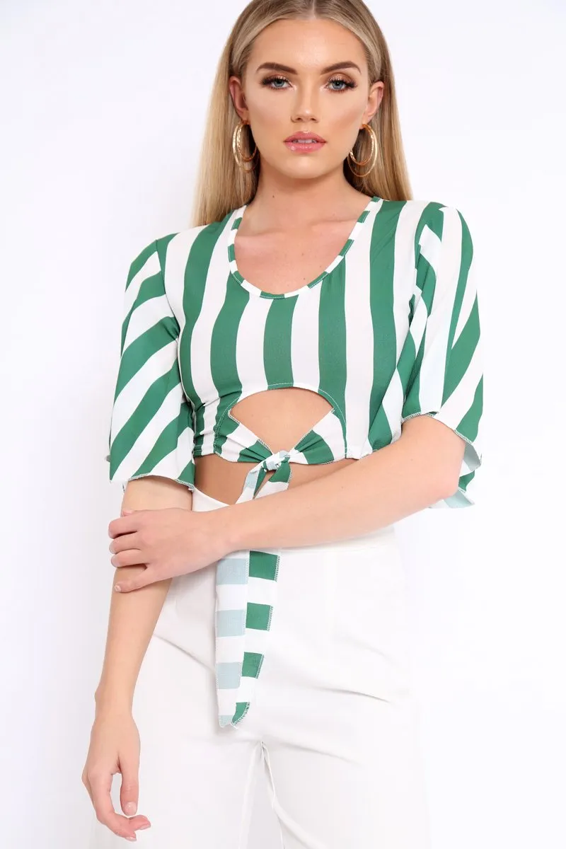 Green Striped Cut Out Tie Front Crop Top - Evelia