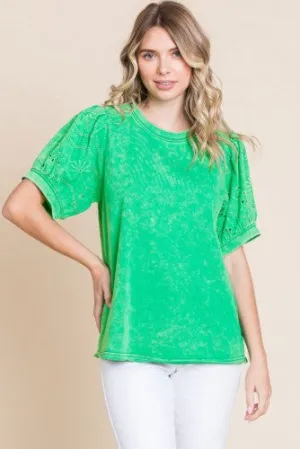 Green Washed Cotton Eyelet Top