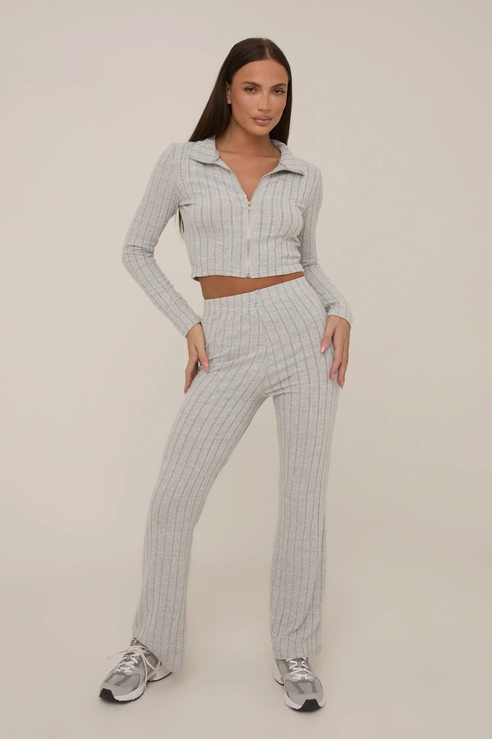 Grey Rib Knit Zip Front Trouser Set - Alison