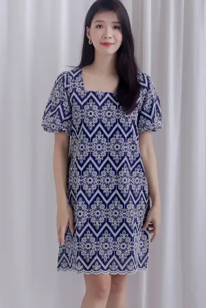 Harlow Embro Puffy Sleeved Scallop Shift Dress In Navy Blue