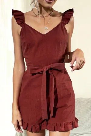 Hazel Blues® |  Tie Belt V-Neck Ruffled Romper