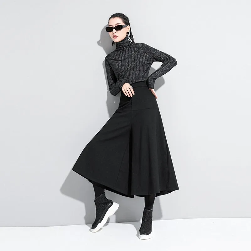 High Elastic Waist Black Brief Long Wide Leg Trousers