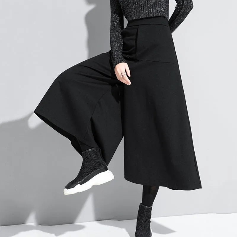 High Elastic Waist Black Brief Long Wide Leg Trousers