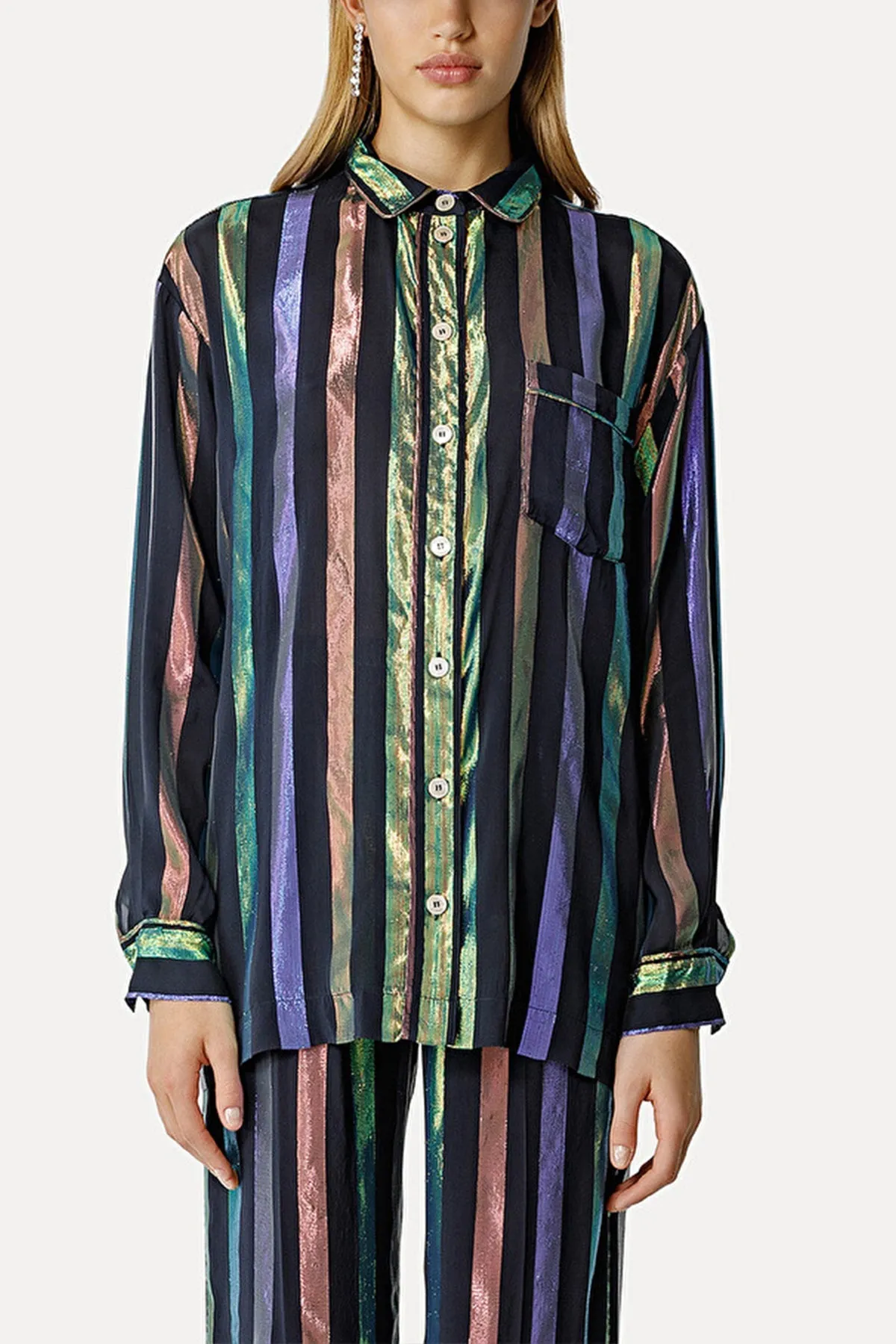Iridescent Habotai Pyjama Shirt in Notte