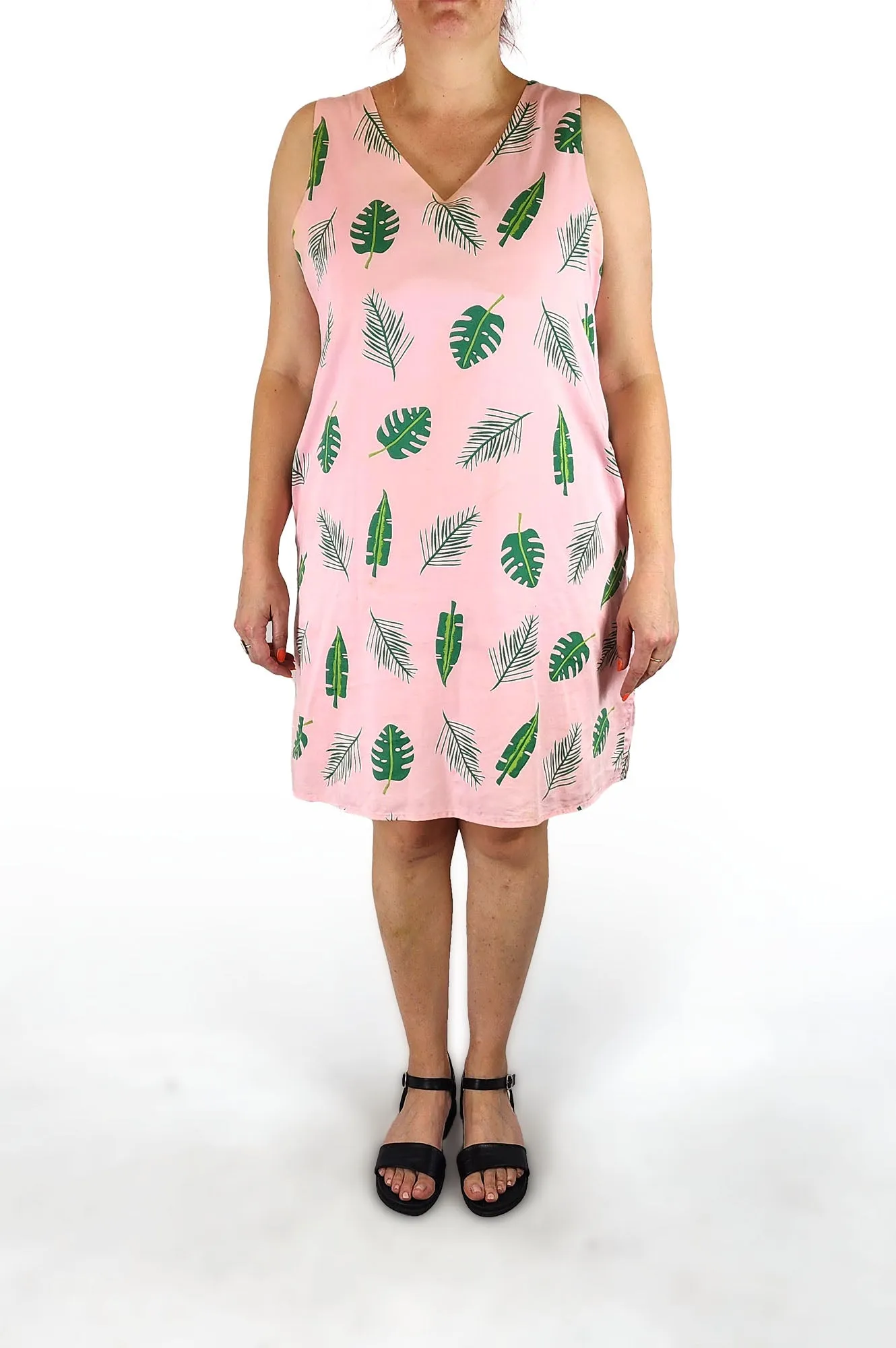Jericho Road pink fern print cotton dress size 16 (note: yellow marks under arms)