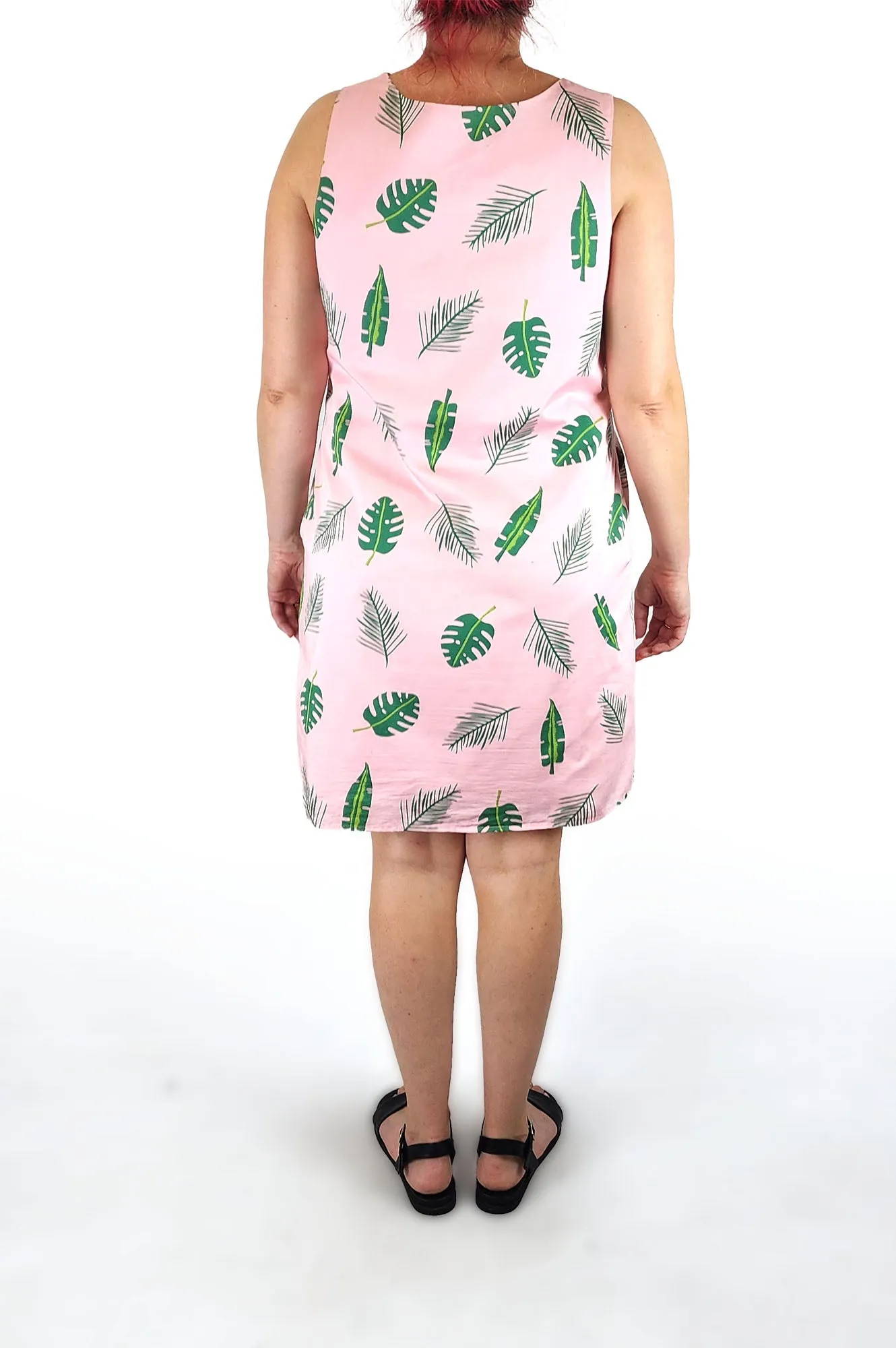 Jericho Road pink fern print cotton dress size 16 (note: yellow marks under arms)