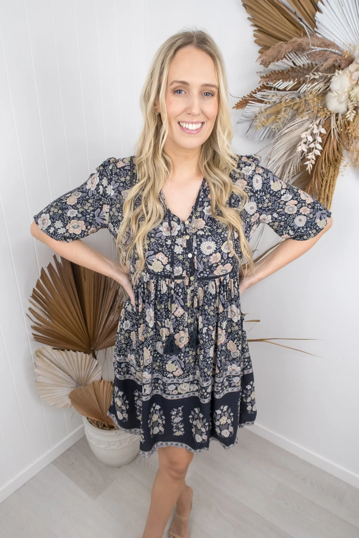 Joelene Dress -Navy/Pastels
