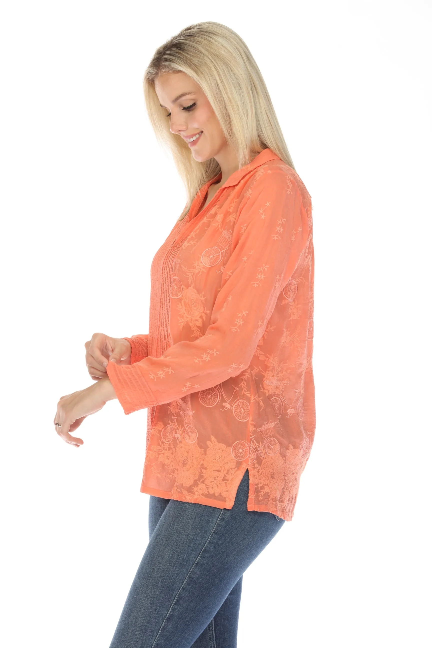 Johnny Was Aimee Ryder Pleated Embroidered Blouse C12024 *