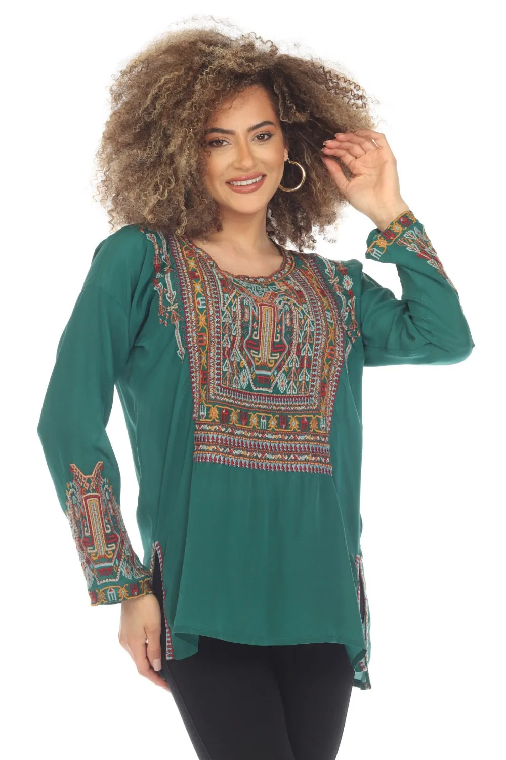 Johnny Was Biya Jaina Silk Embroidered Long Sleeve Blouse Boho Chic B12123
