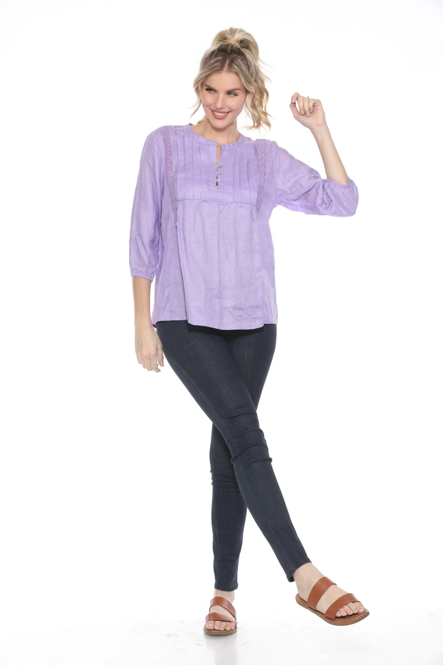Johnny Was Calme Pleated Lace Trim 3/4 Sleeve Top O21064