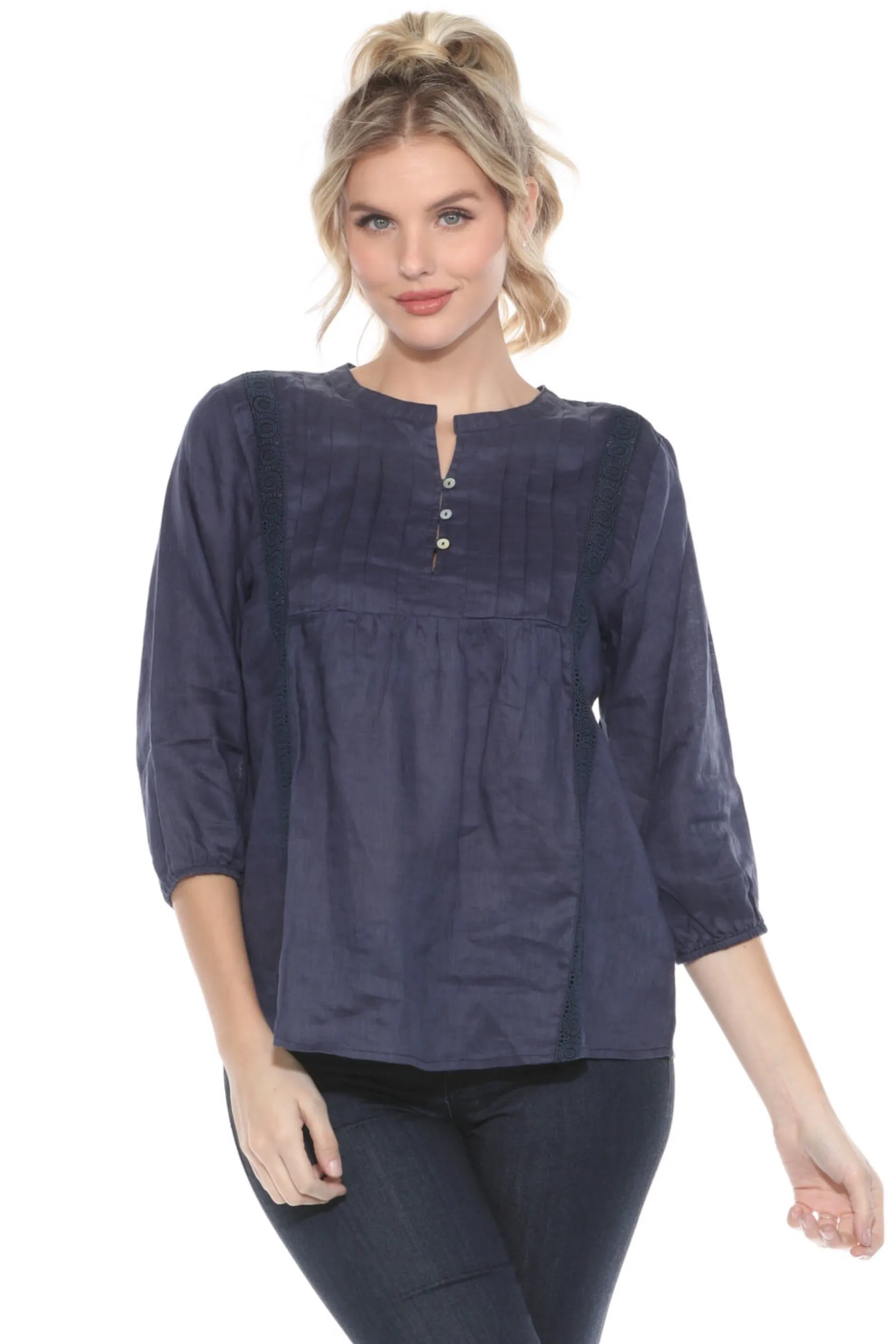 Johnny Was Calme Pleated Lace Trim 3/4 Sleeve Top O21064