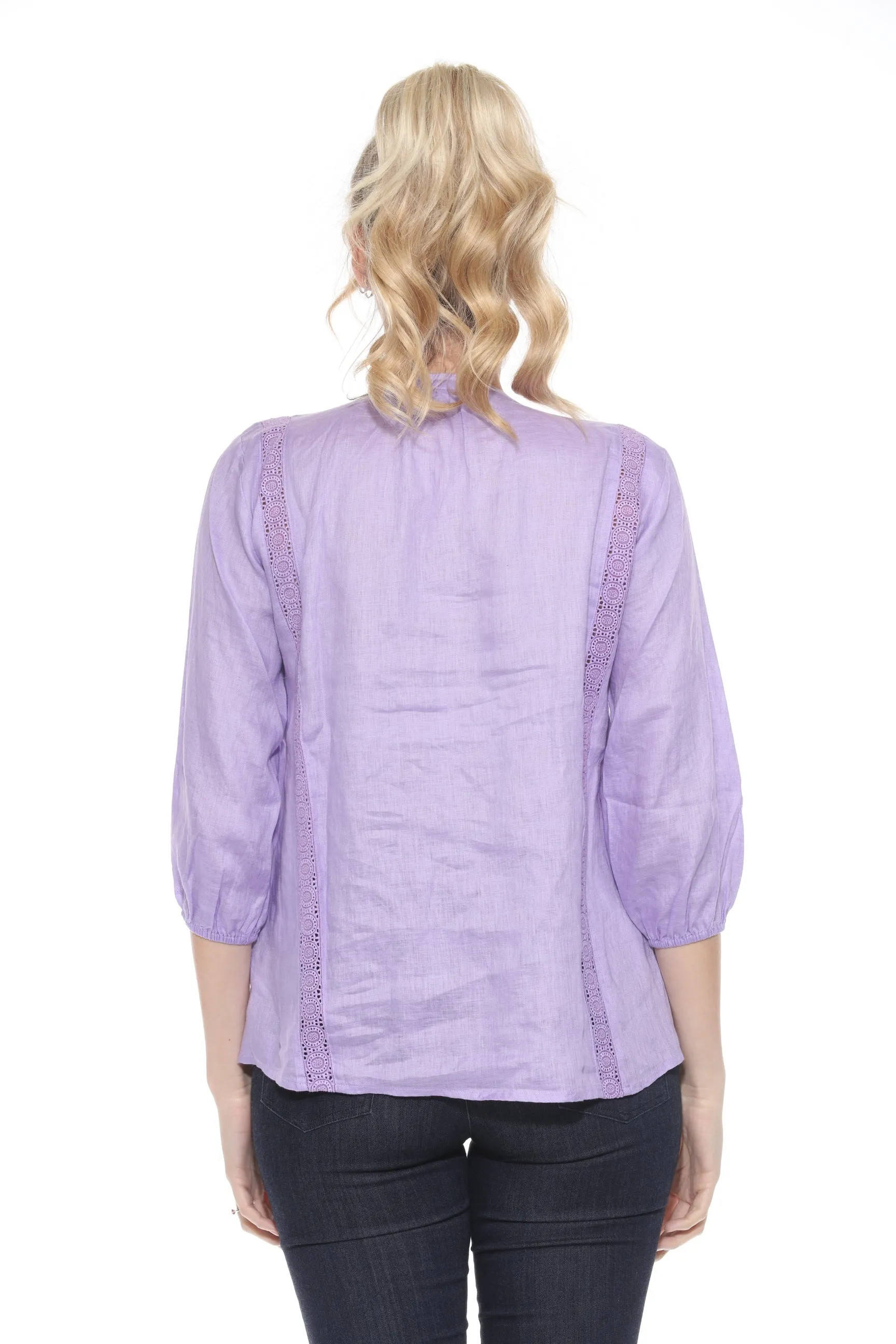 Johnny Was Calme Pleated Lace Trim 3/4 Sleeve Top O21064