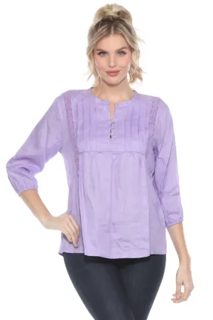 Johnny Was Calme Pleated Lace Trim 3/4 Sleeve Top O21064