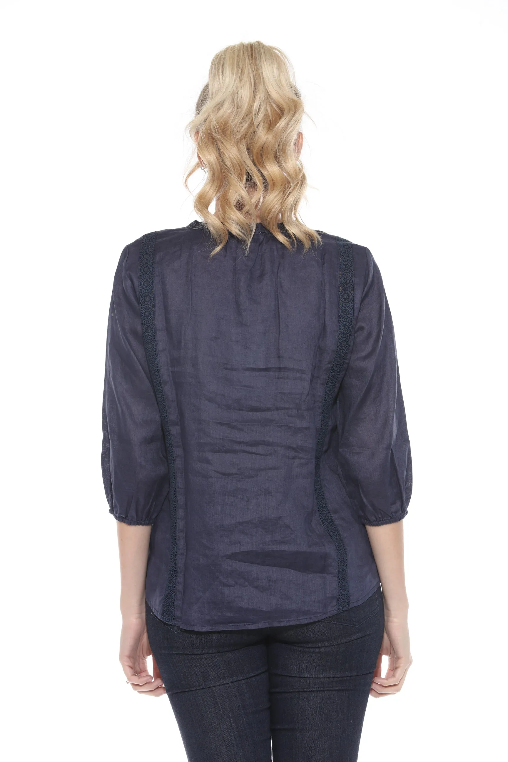 Johnny Was Calme Pleated Lace Trim 3/4 Sleeve Top O21064