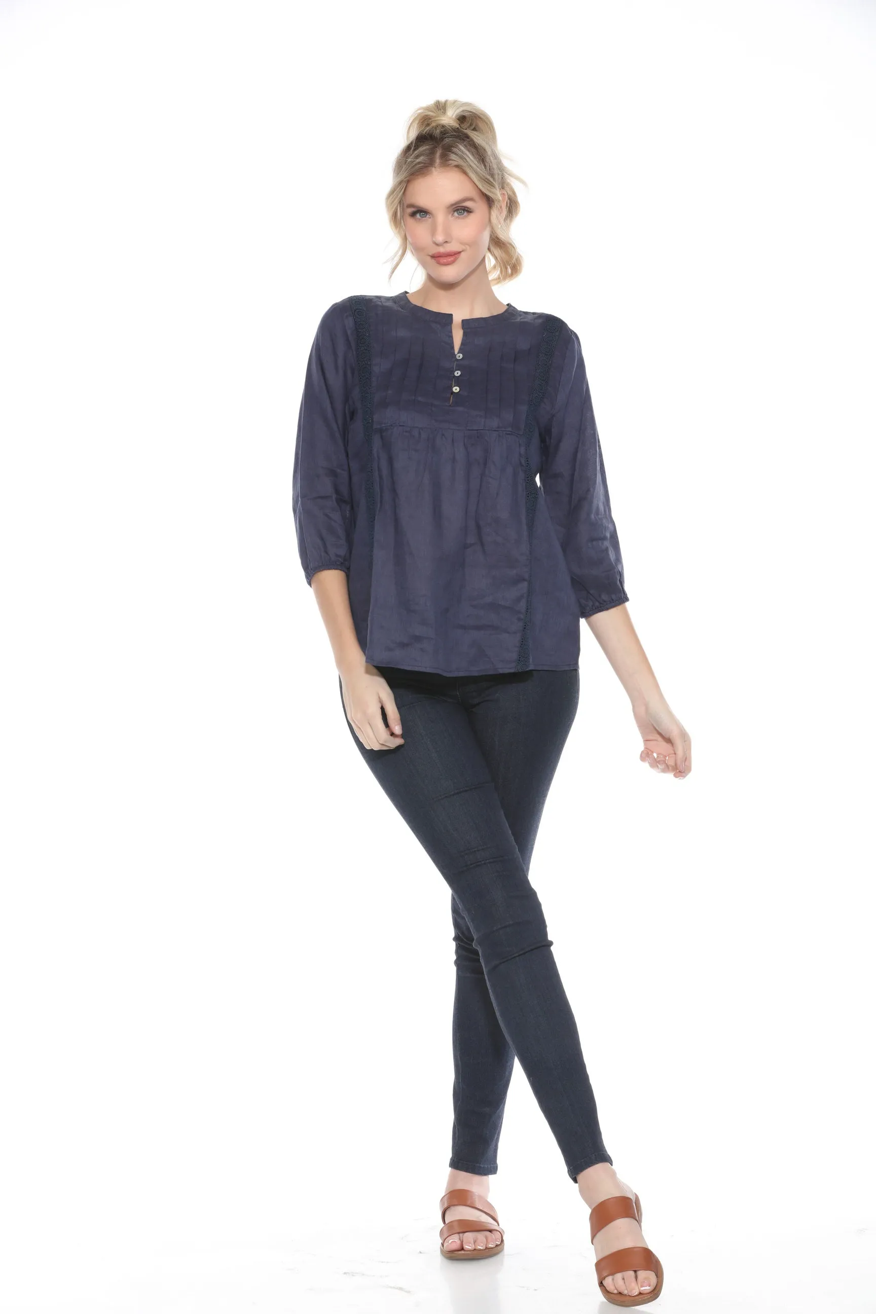 Johnny Was Calme Pleated Lace Trim 3/4 Sleeve Top O21064