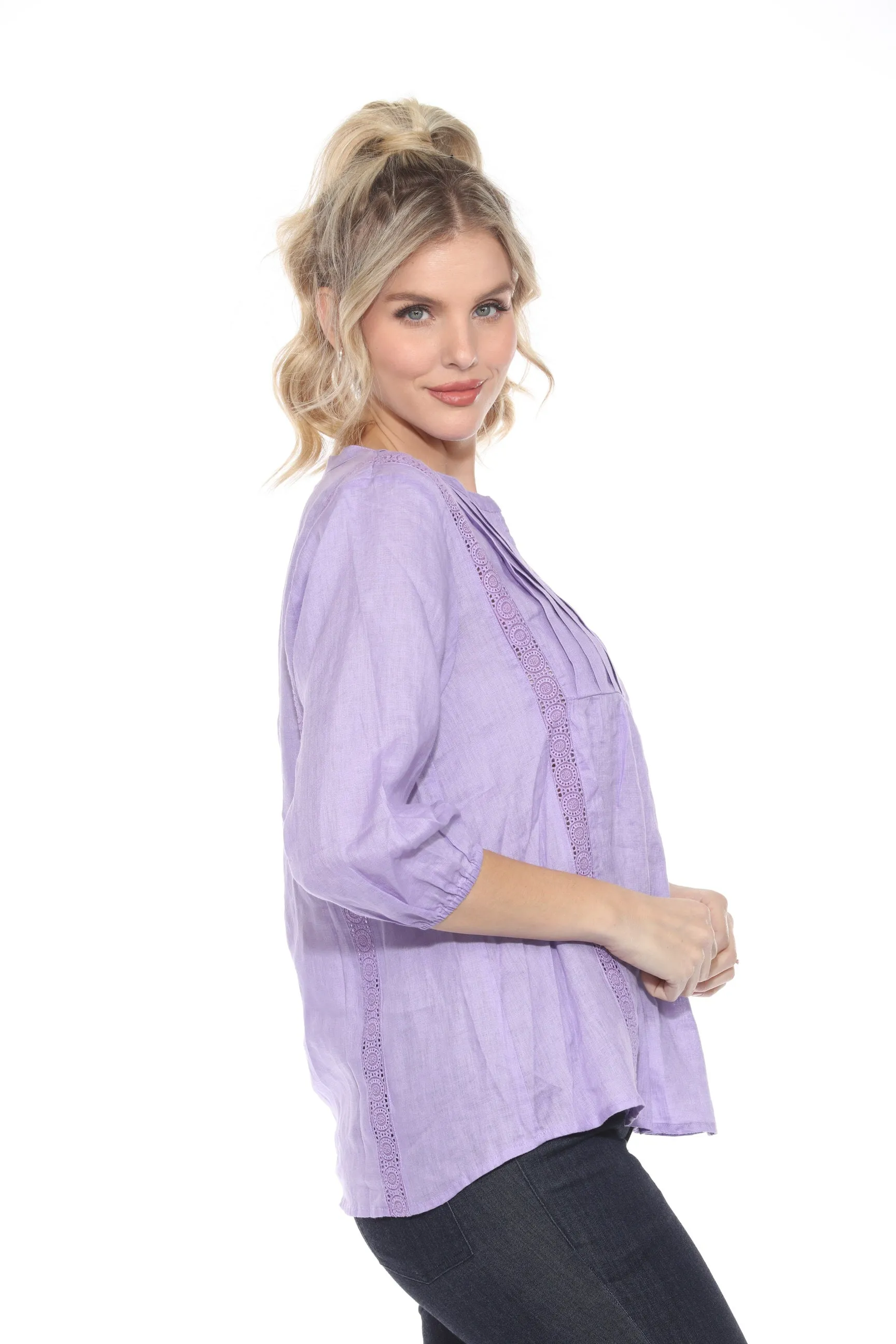 Johnny Was Calme Pleated Lace Trim 3/4 Sleeve Top O21064