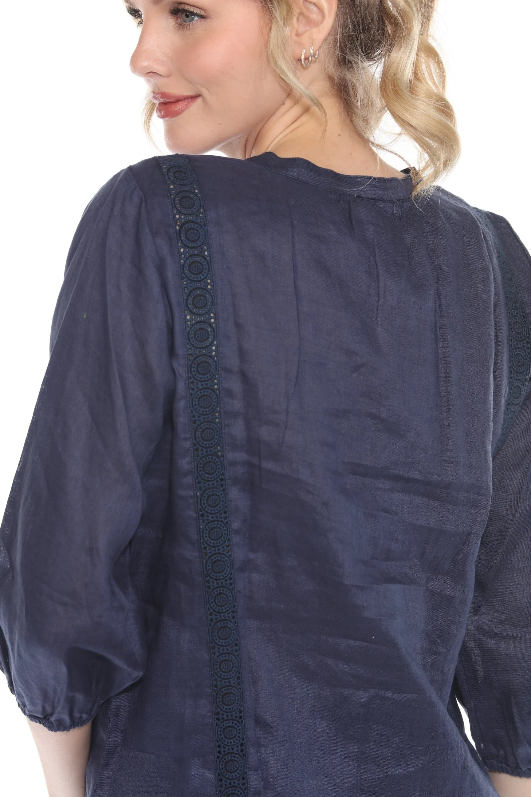 Johnny Was Calme Pleated Lace Trim 3/4 Sleeve Top O21064