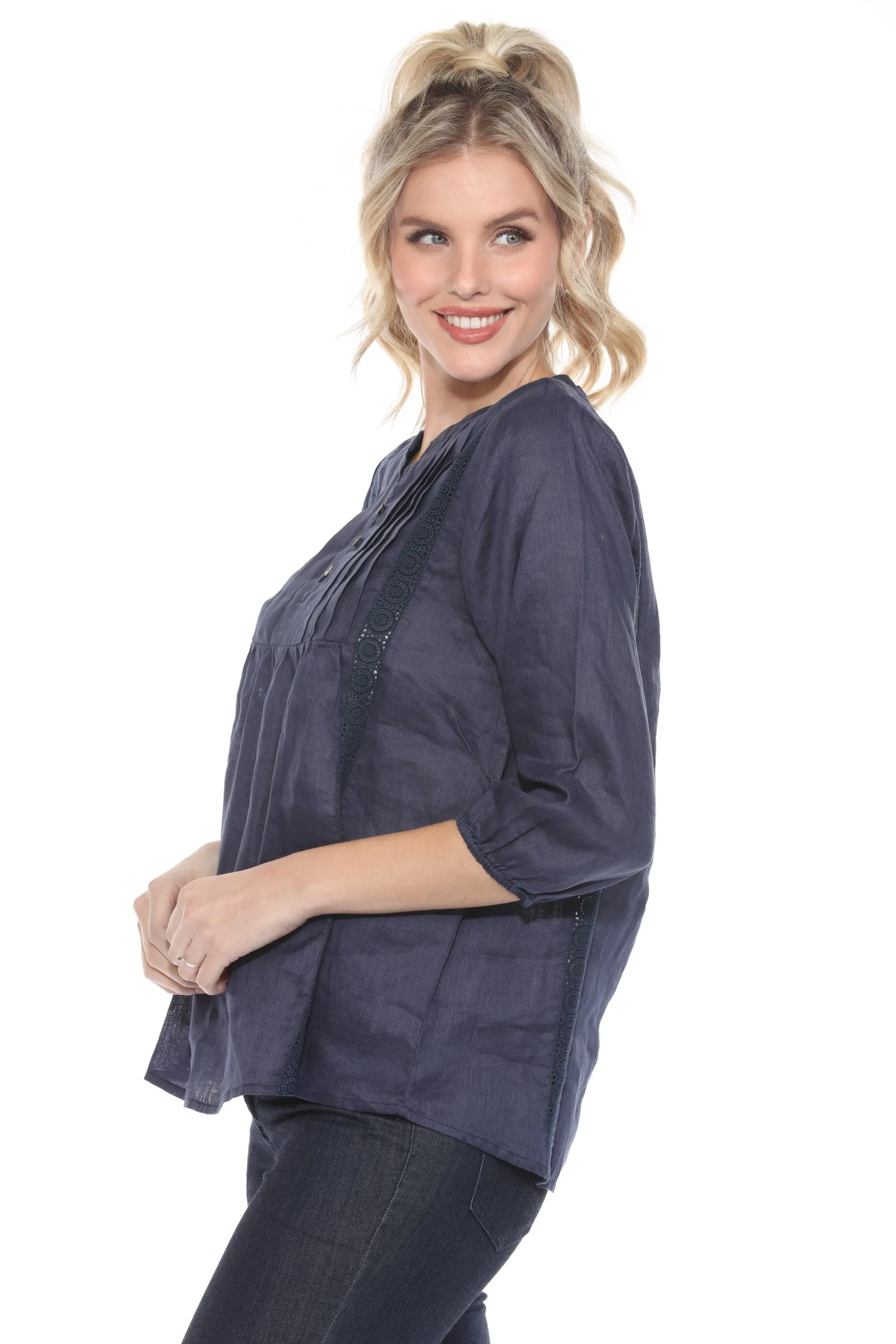 Johnny Was Calme Pleated Lace Trim 3/4 Sleeve Top O21064