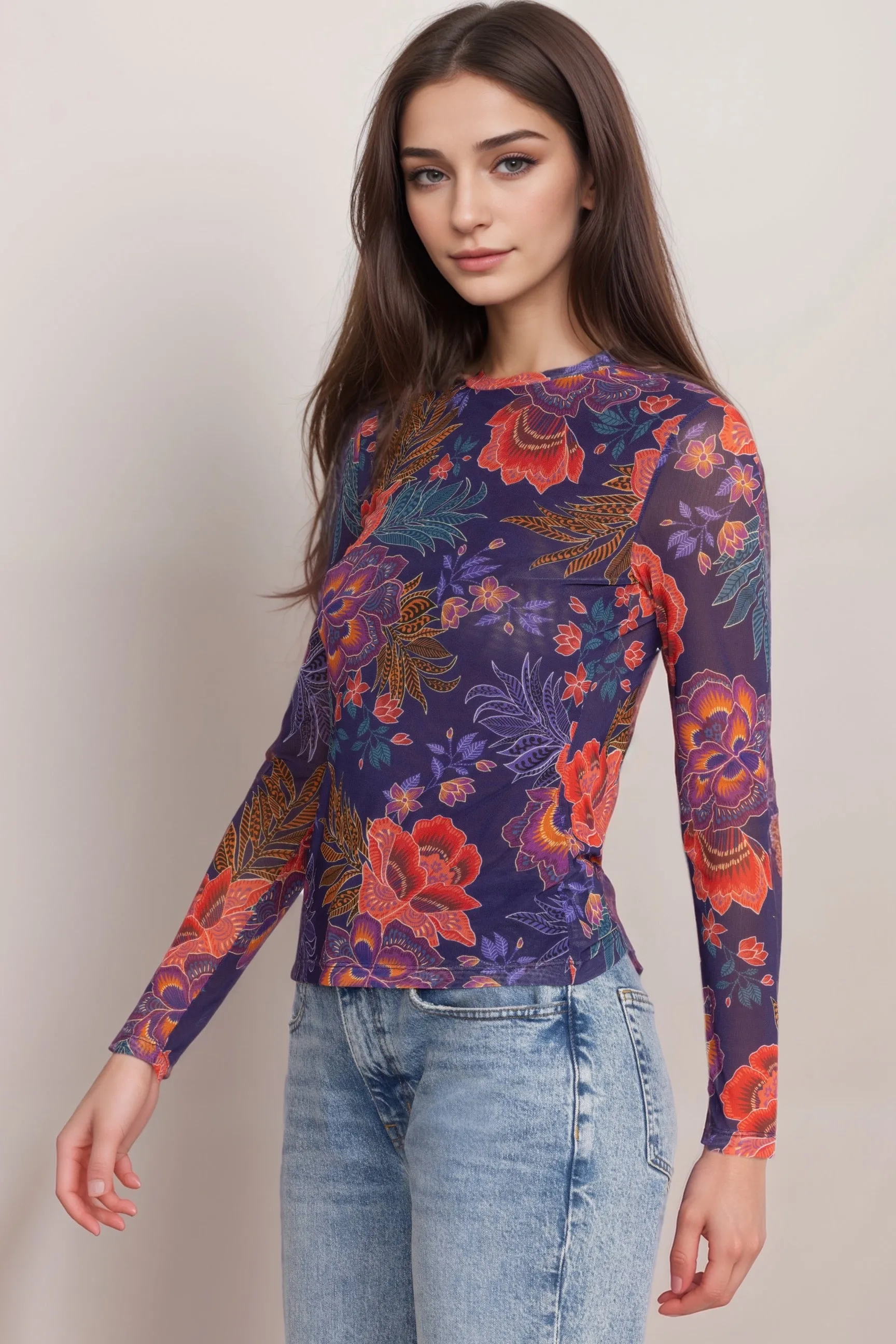 Johnny Was Jade Purple Natalie Long Sleeve Mesh Tee L14324