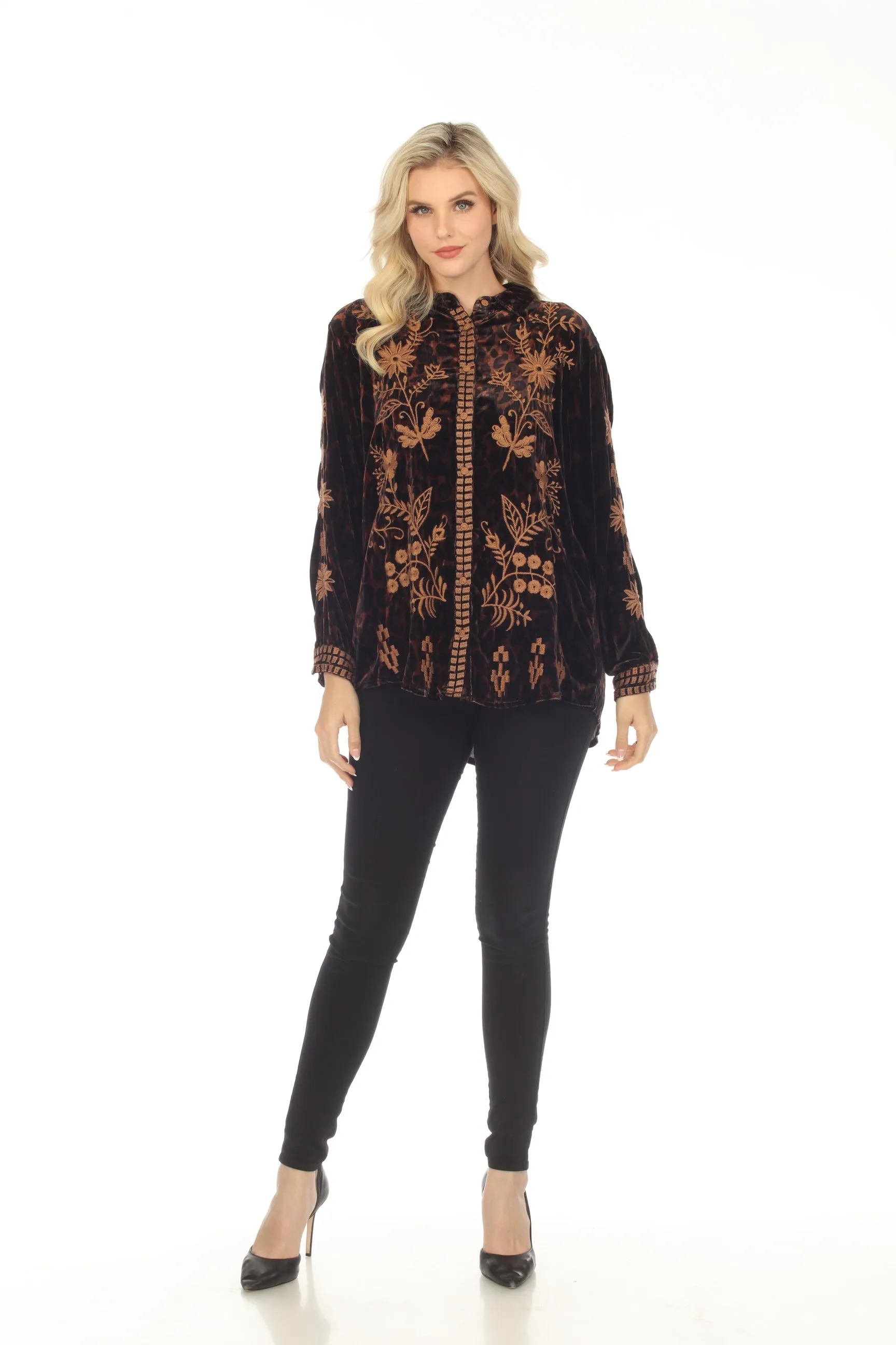 Johnny Was JWLA Georgina Velvet Embroidered Oversized Shirt Boho Chic J11623