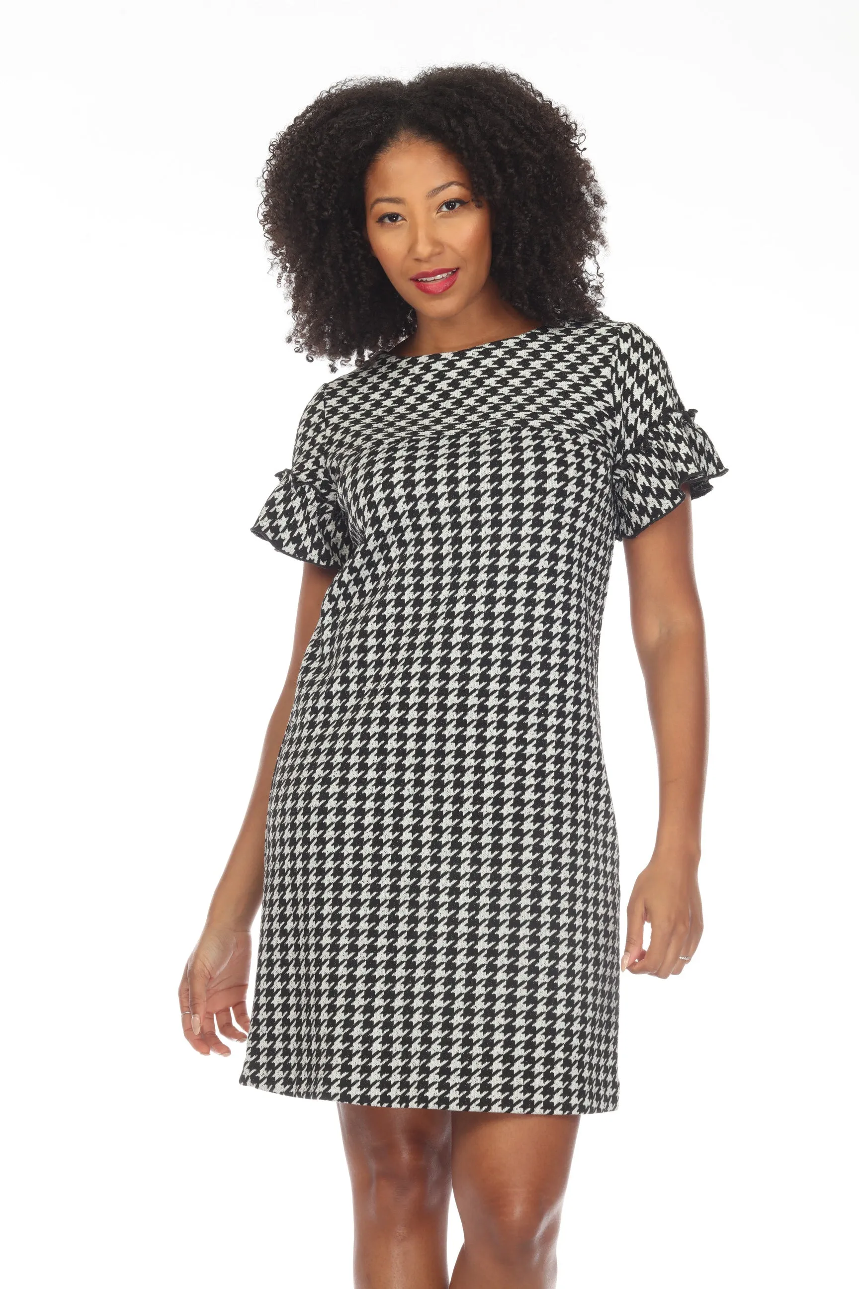 Joseph Ribkoff Black/Off-White Houndstooth Ruffled Sleeve Shift Dress 234099
