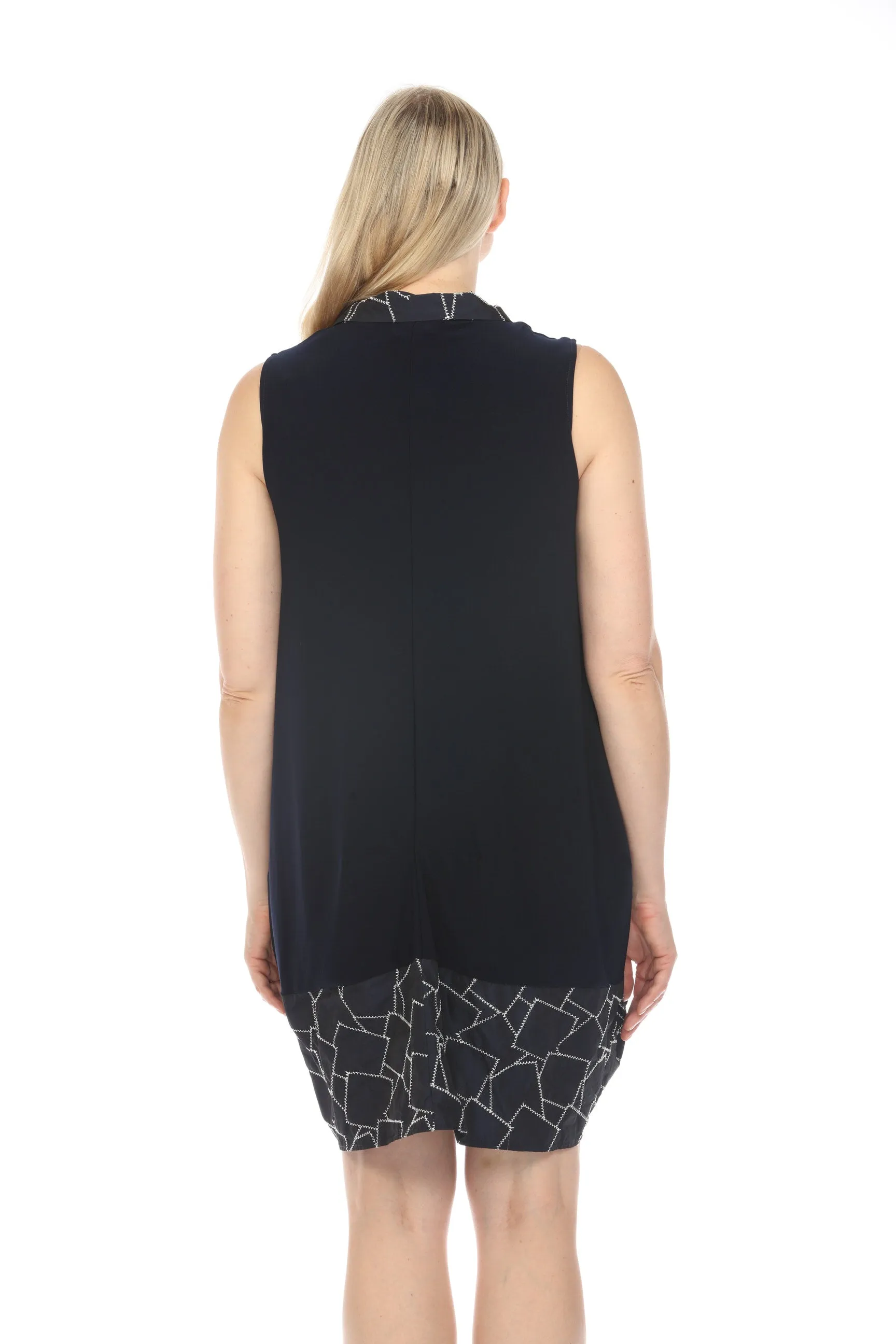 Joseph Ribkoff Midnight Blue/White Geometric Zip Front Sleeveless Shirt Dress 241157