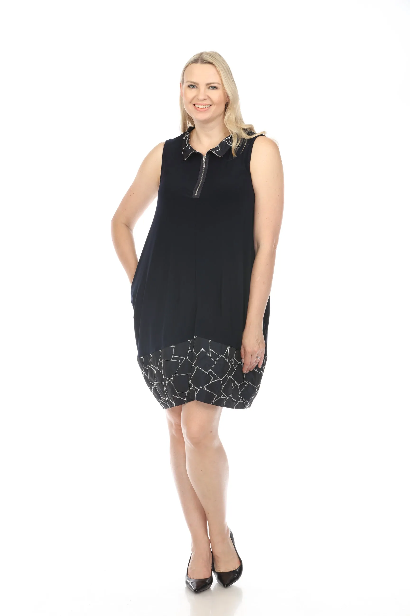 Joseph Ribkoff Midnight Blue/White Geometric Zip Front Sleeveless Shirt Dress 241157