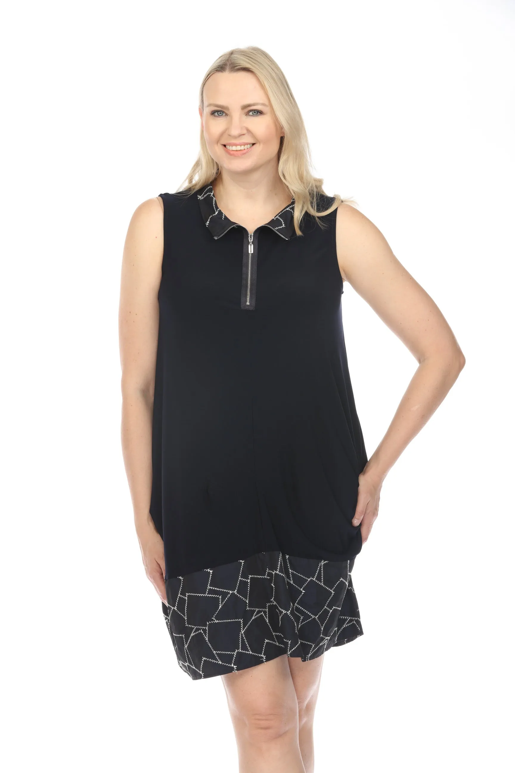 Joseph Ribkoff Midnight Blue/White Geometric Zip Front Sleeveless Shirt Dress 241157