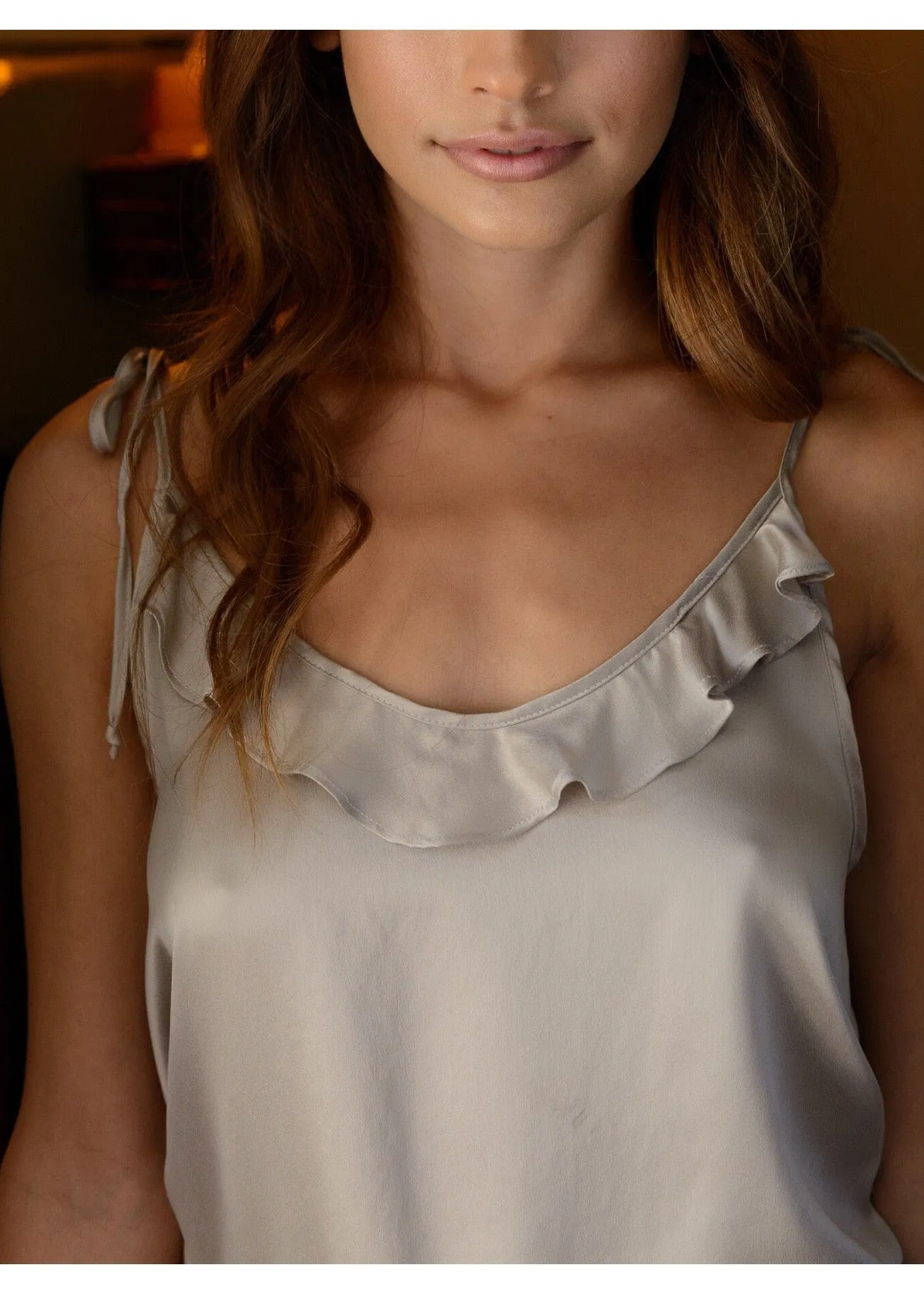 JUNE Ruffle Tank in Grey Silk