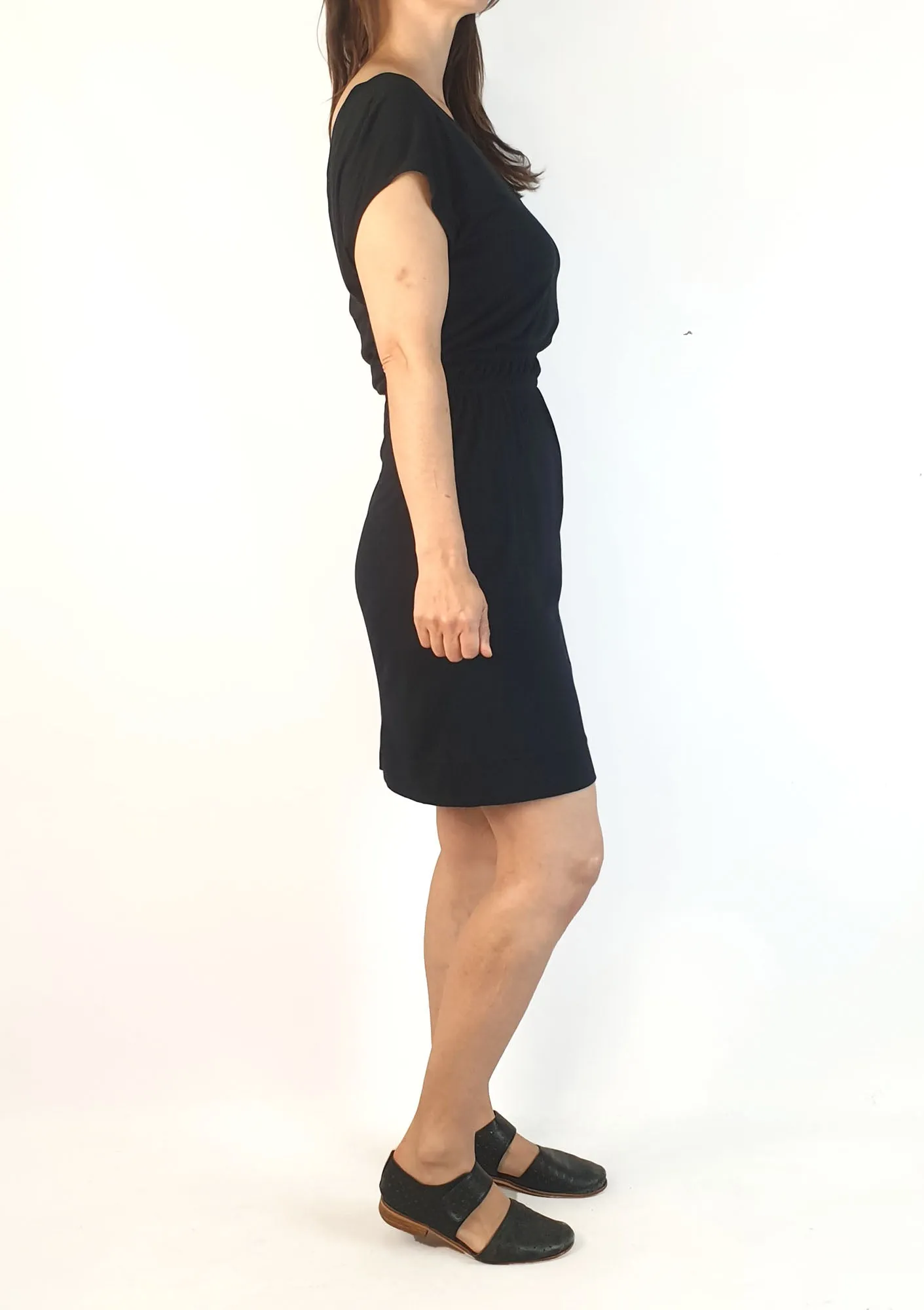Karen Walker preloved black sleeveless dress with flattering V-neck size 8 (fits sizes 6-8)
