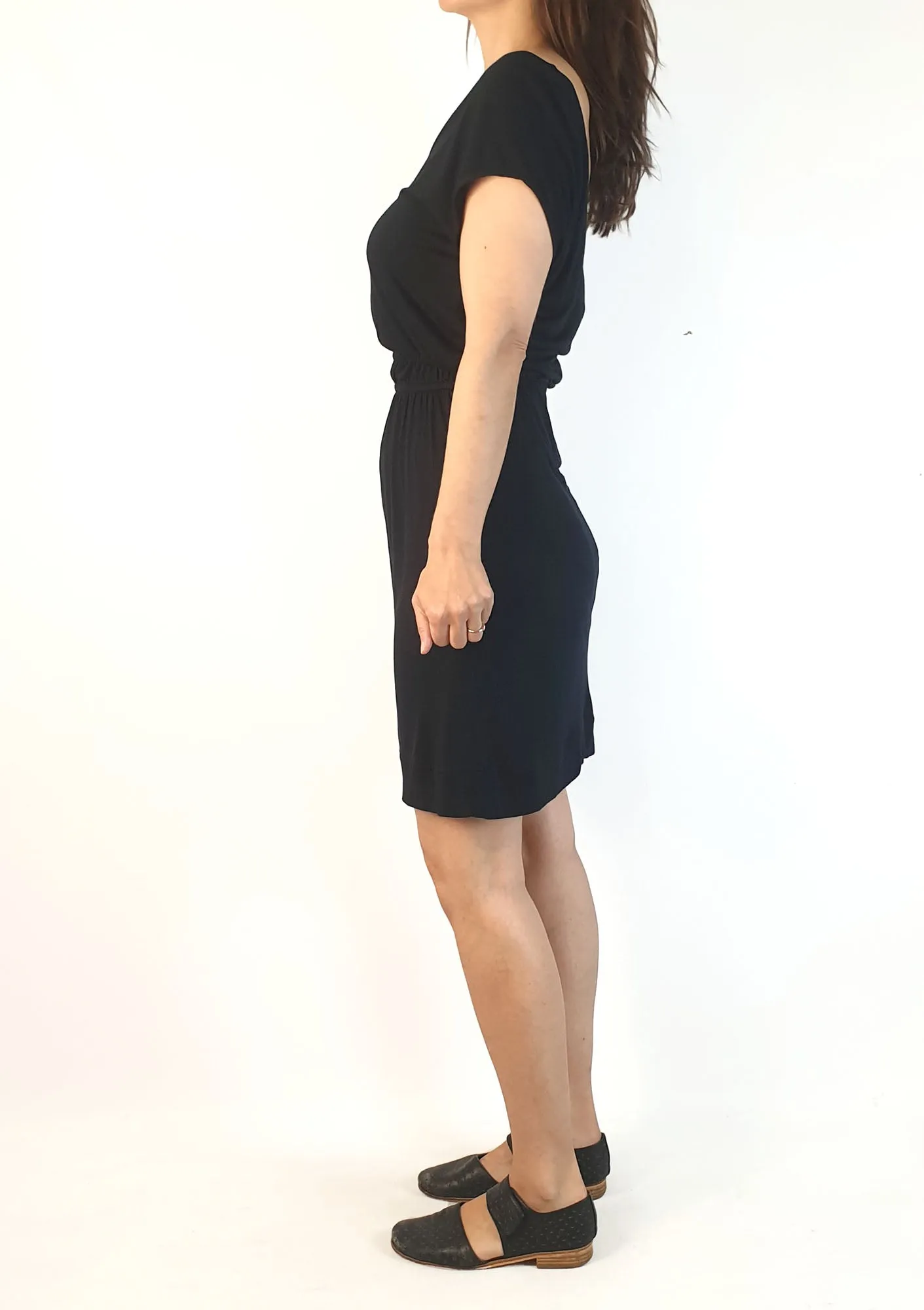Karen Walker preloved black sleeveless dress with flattering V-neck size 8 (fits sizes 6-8)