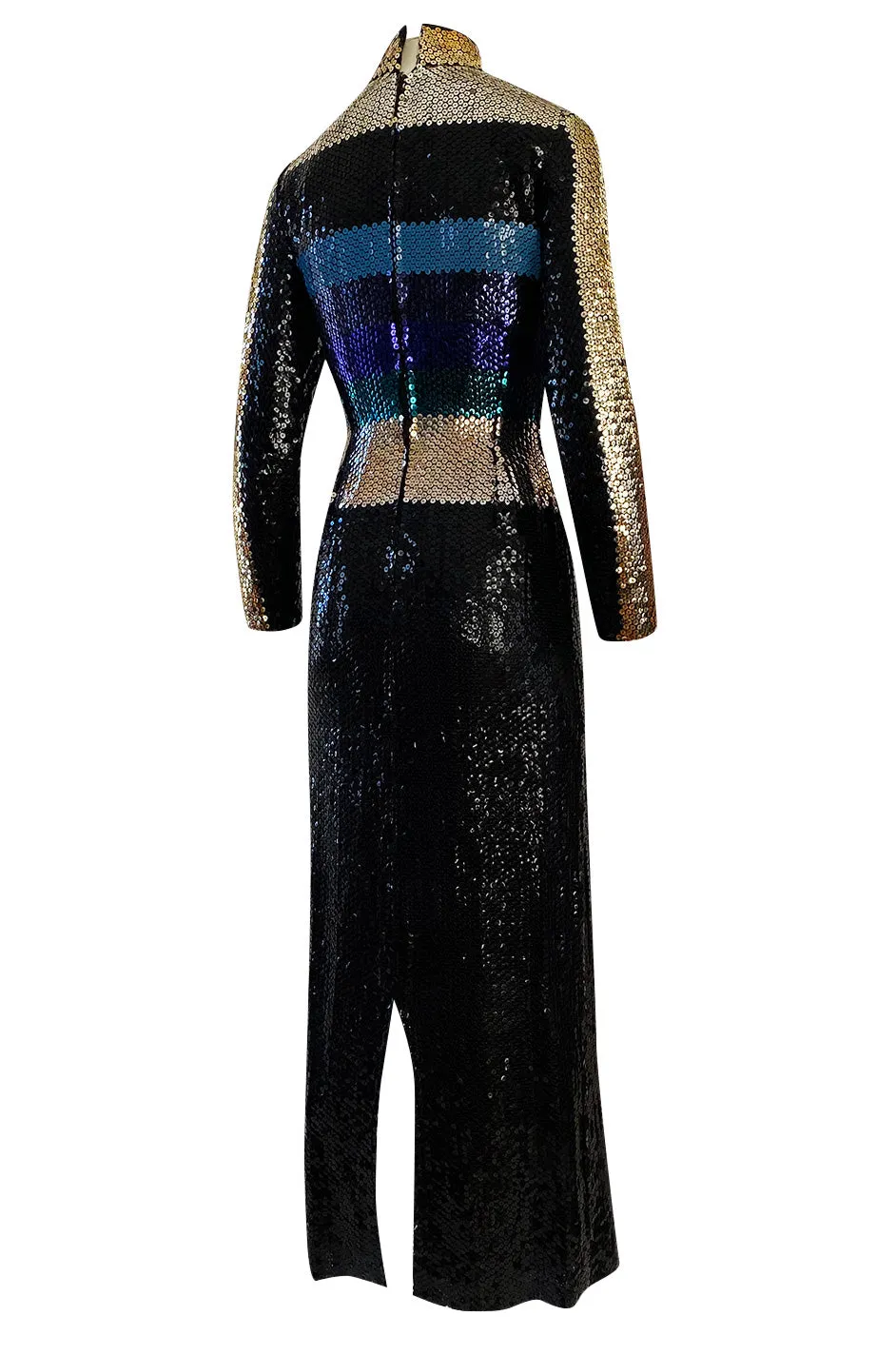 Late 1970s Pierre Cardin Blue Green & Gold Striped Black Sequin Dress w High Collar