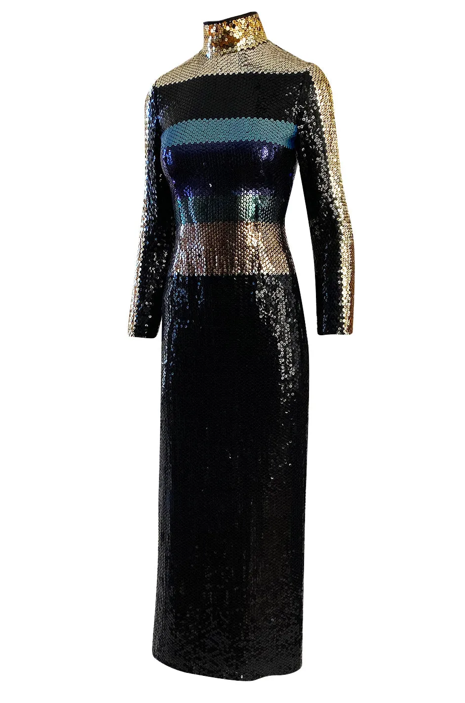 Late 1970s Pierre Cardin Blue Green & Gold Striped Black Sequin Dress w High Collar