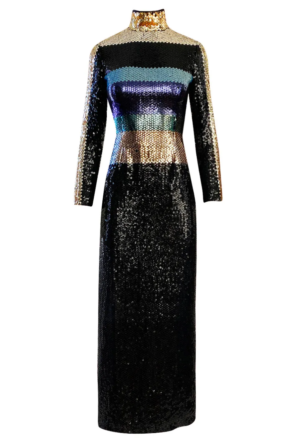 Late 1970s Pierre Cardin Blue Green & Gold Striped Black Sequin Dress w High Collar
