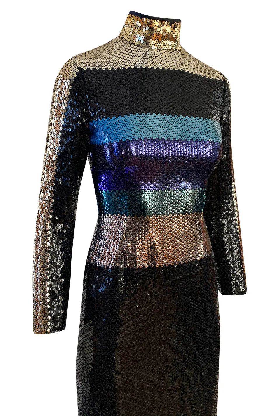 Late 1970s Pierre Cardin Blue Green & Gold Striped Black Sequin Dress w High Collar