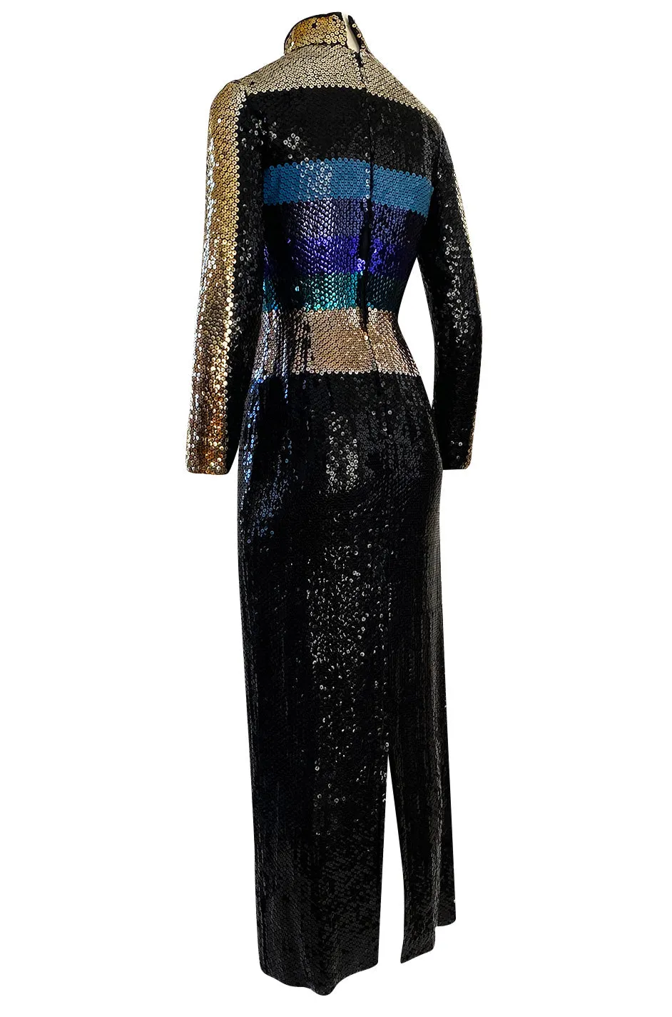 Late 1970s Pierre Cardin Blue Green & Gold Striped Black Sequin Dress w High Collar