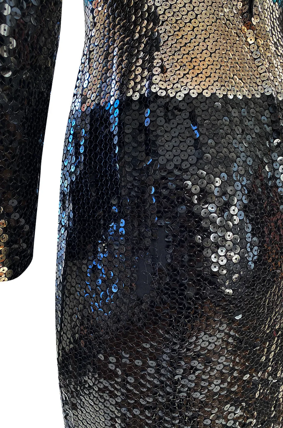 Late 1970s Pierre Cardin Blue Green & Gold Striped Black Sequin Dress w High Collar